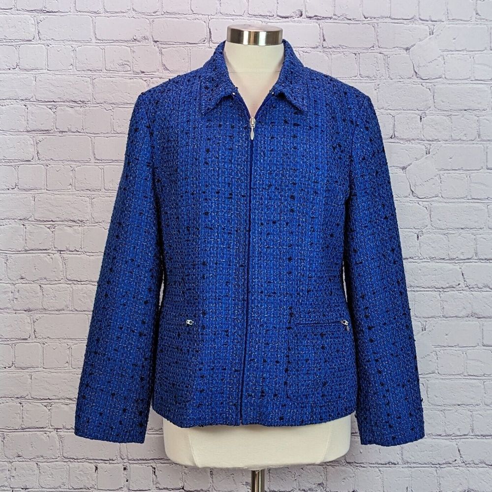 Coldwater Creek Sz 14 Jacket Blue Tweed Boucle Full Zip Pockets Lined Career